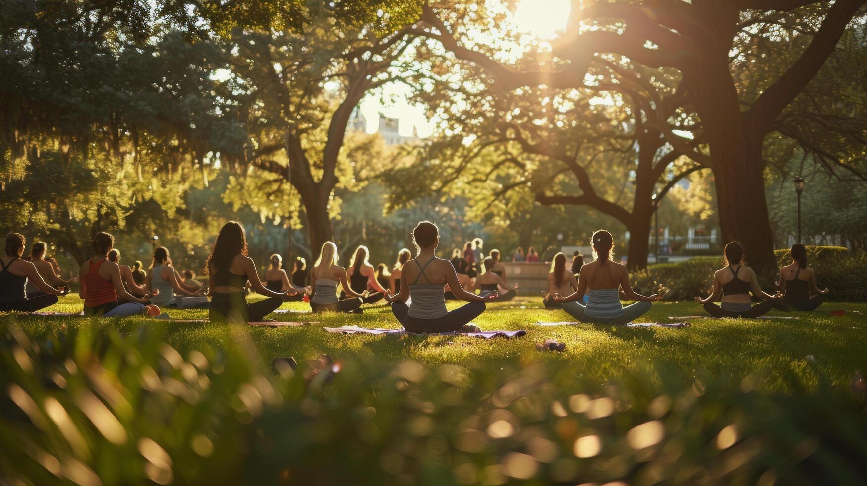 grupp av människor Sammanträde i en parkera håller på med yoga foto