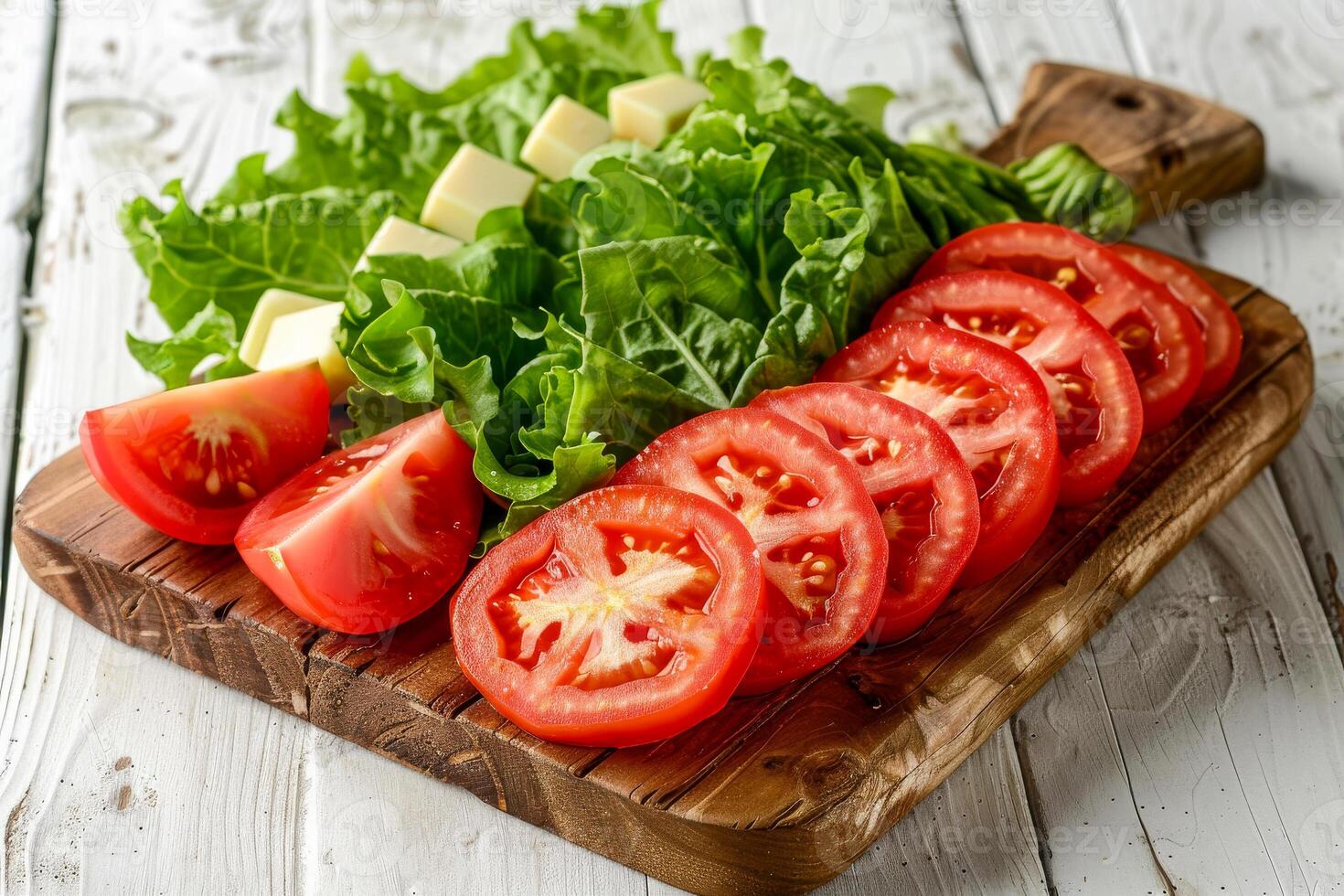 ai genererad trä- skärande styrelse med skivad ost, färsk grön sallad, och mogen tomat kilar på en vit trä- tabell foto