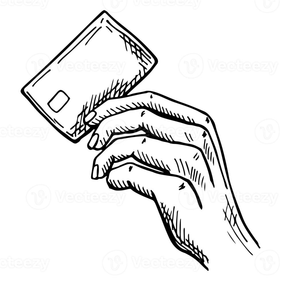 klotter av en hand innehav en kreditera kort, symboliserar transaktioner, finansiera, och tillgänglighet foto