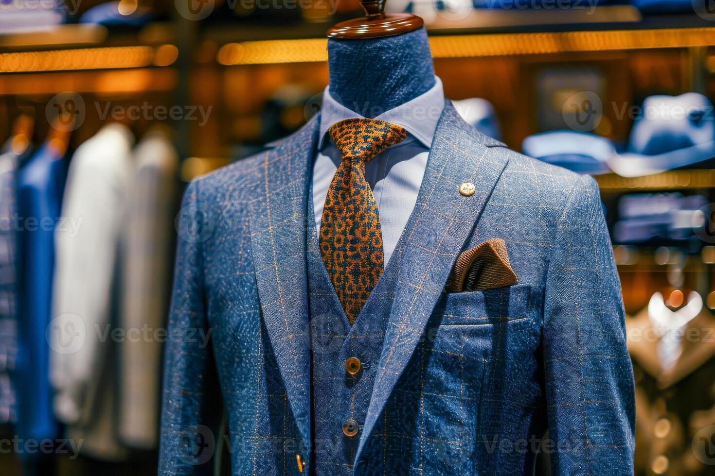 ai genererad modern blå företag kostym med en matchande slips på en visa dummy i ett exklusiv herrkläder Lagra, selektiv fokus med en mörk atmosfärisk miljö foto