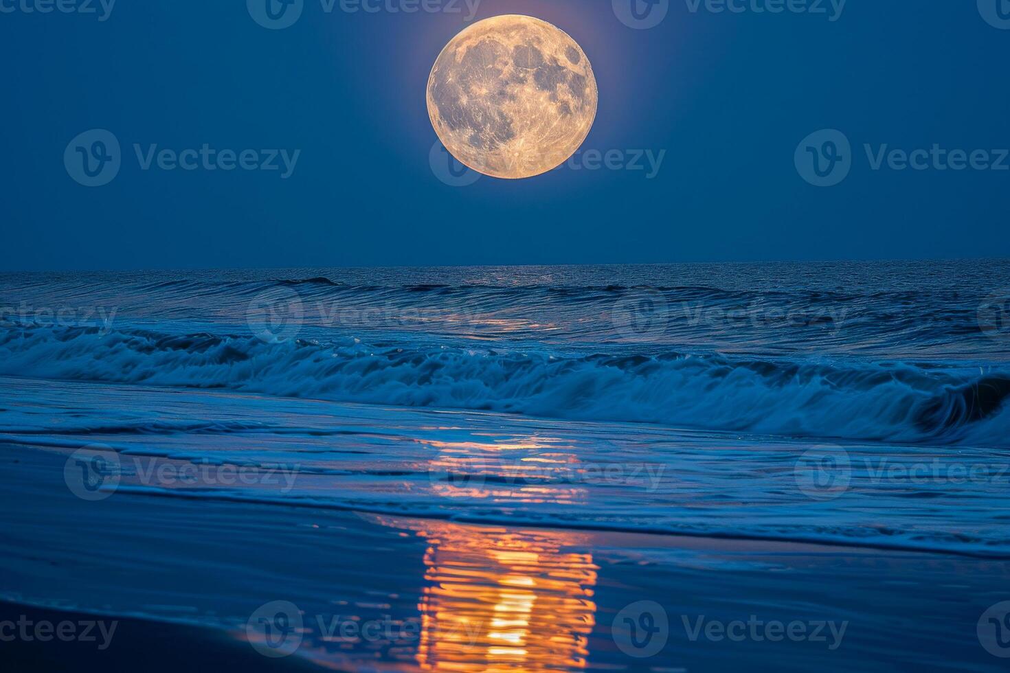 ai genererad en fängslande scen av en full måne hängande över de hav, med dess ljus reflekterande på mild vågor på skymning foto