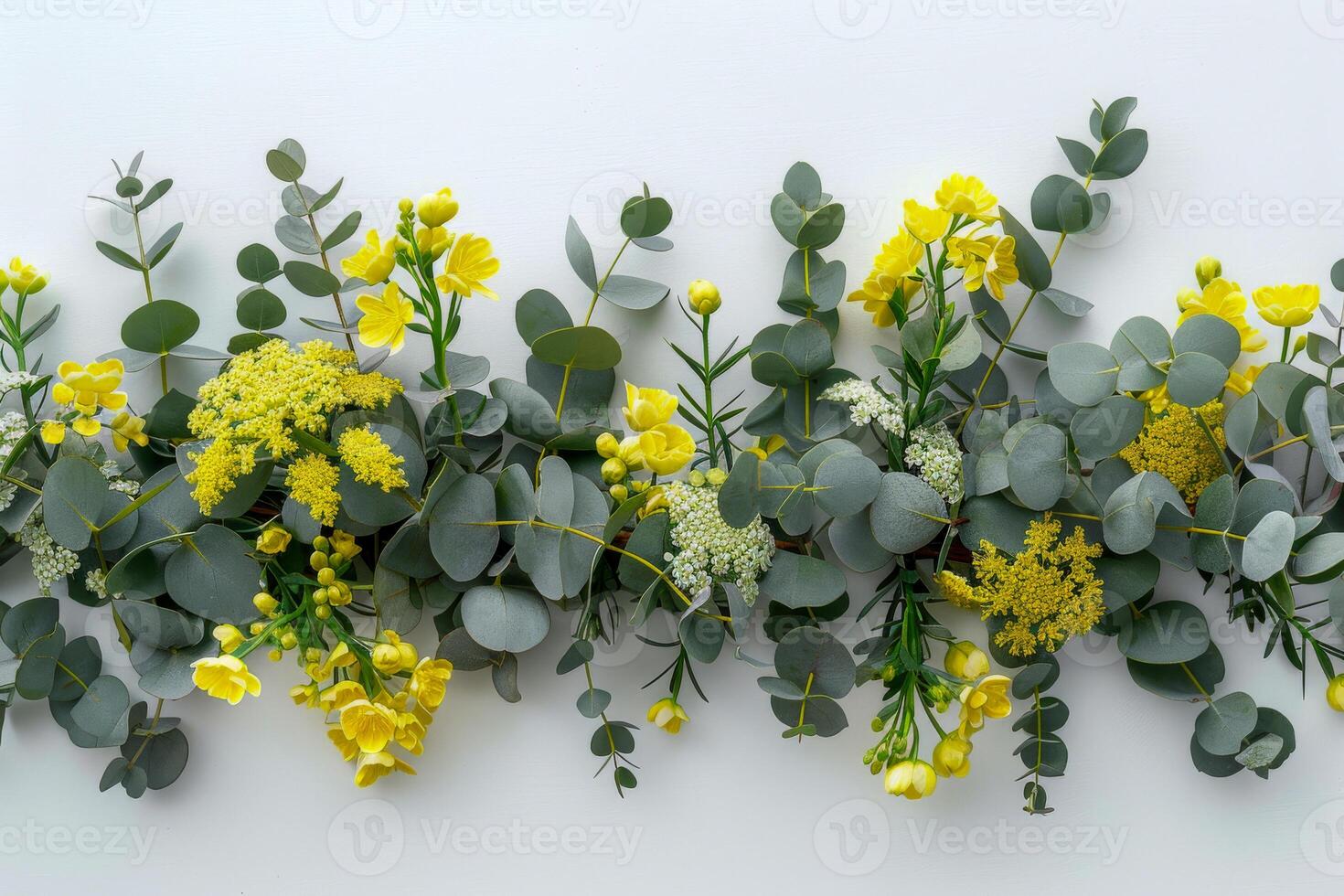 ai genererad ljus gul blommor parade med silverren eukalyptus skapa en glad och uppfriskande blommig visa. foto