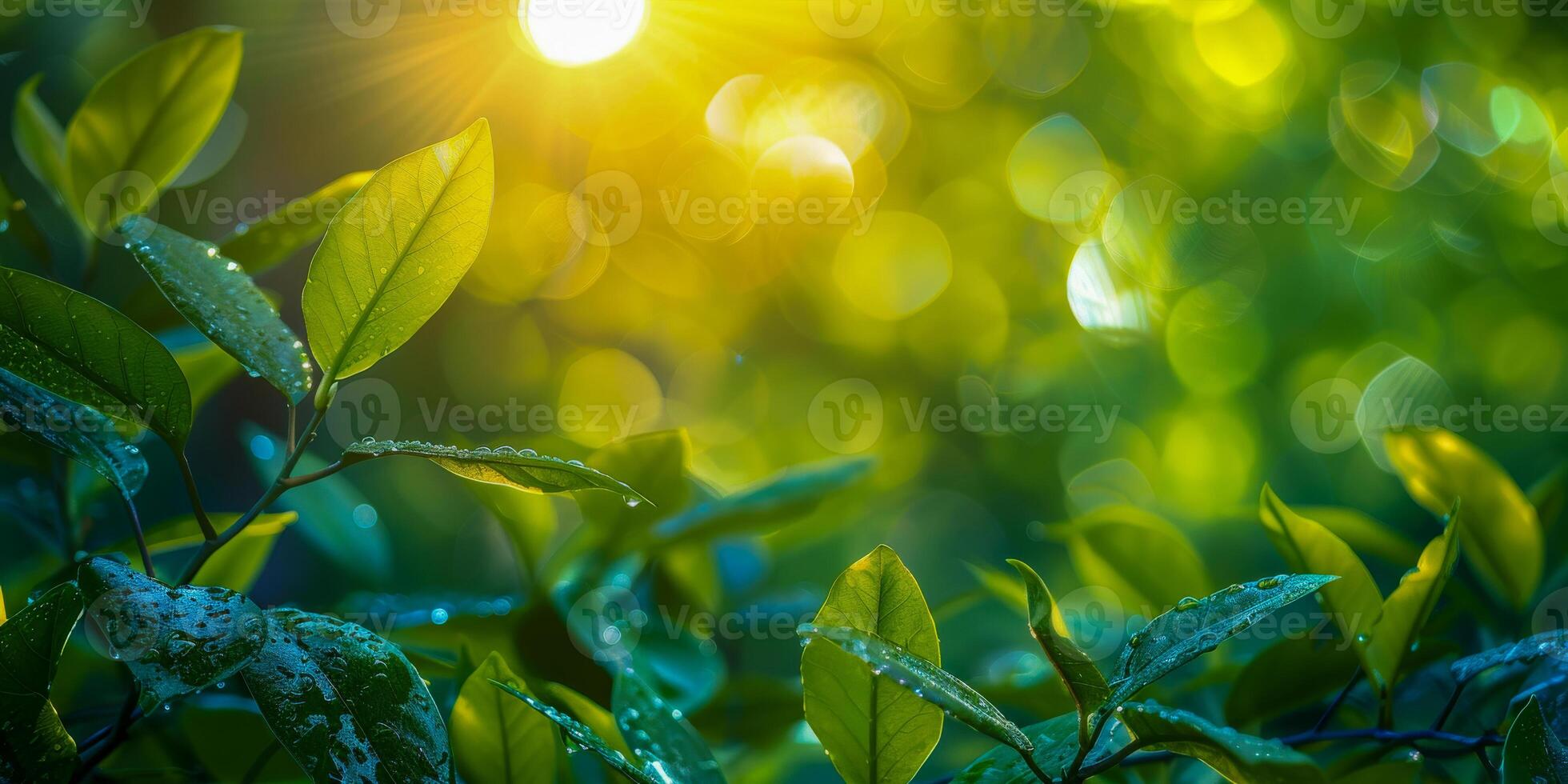 ai genererad morgon- dagg klamrar sig fast till frodig grön lövverk, varje blad upplyst förbi en mjuk, gyllene solljus den där andas liv in i de dag foto