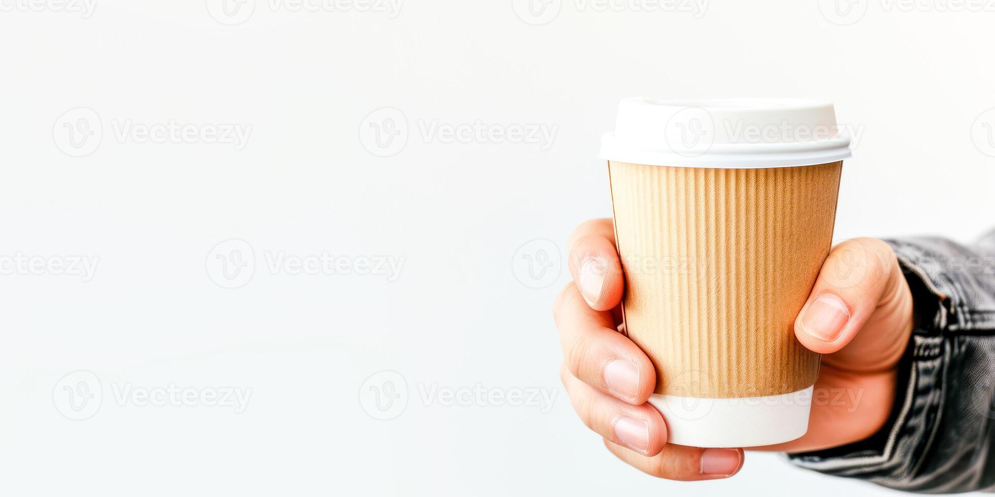 ai genererad en personer hand gripande en brun papper kaffe kopp med en vit lock, symboliserar urban livsstil och miljövänlig val foto