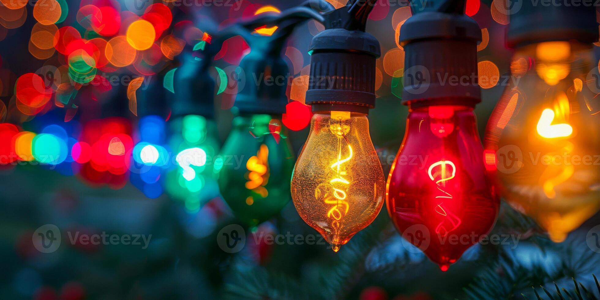ai genererad en närbild se av färgrik jul ljus lökar, strålande en festlig glöd den där ger de Semester anda till liv. foto
