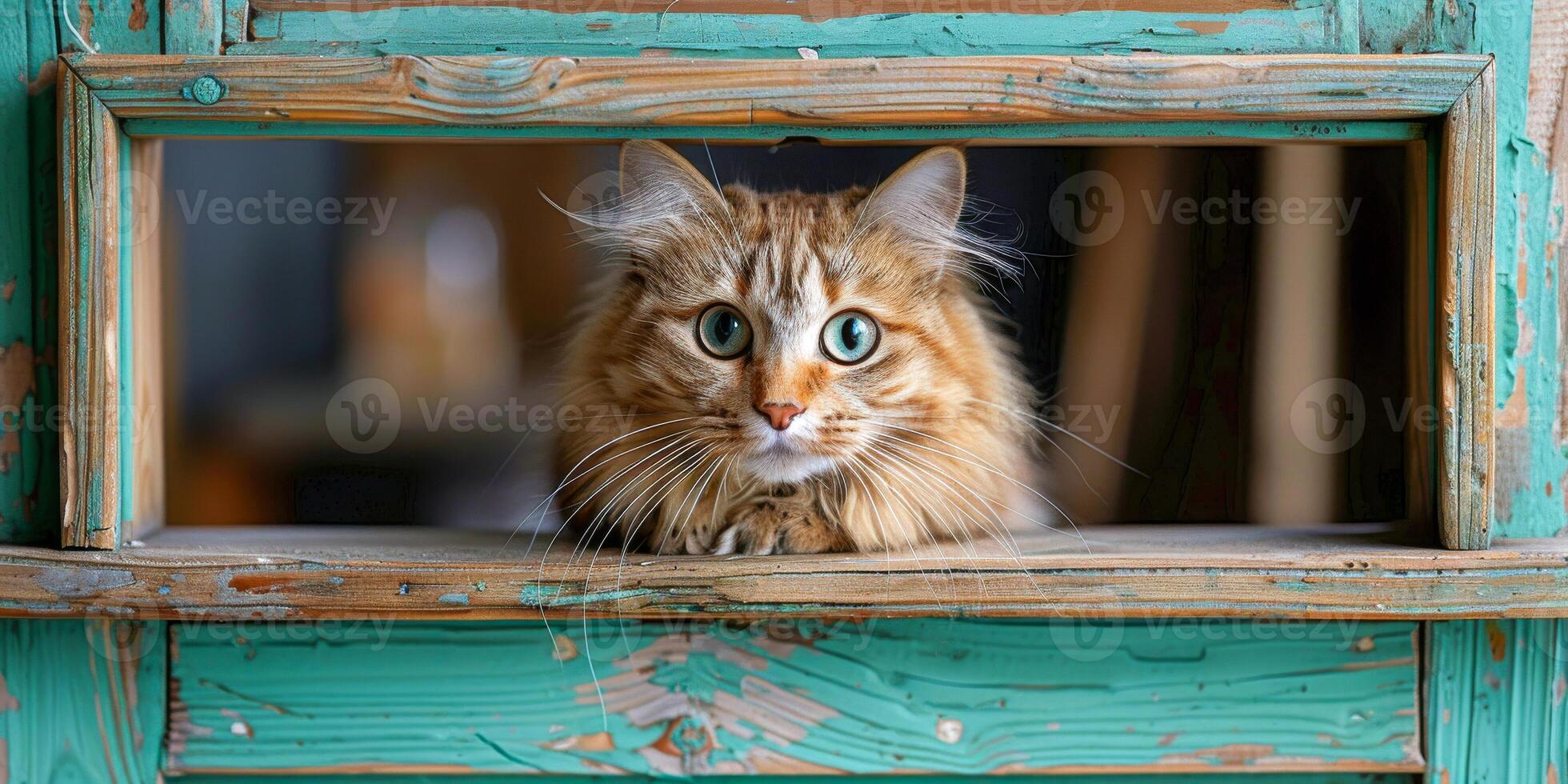 nyfiken katt peering genom rustik turkos fönster ram foto