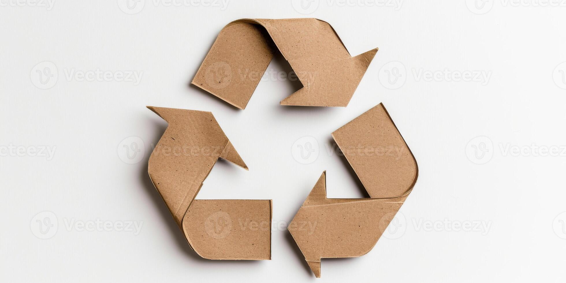 återvinna symbol tillverkad av Skära ut kartong på vit bakgrund foto