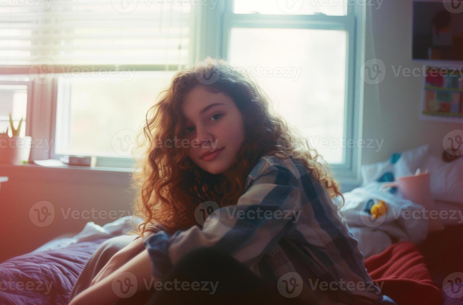 Tonårs drömmar - ung kvinna avkopplande i en solbelyst rum foto