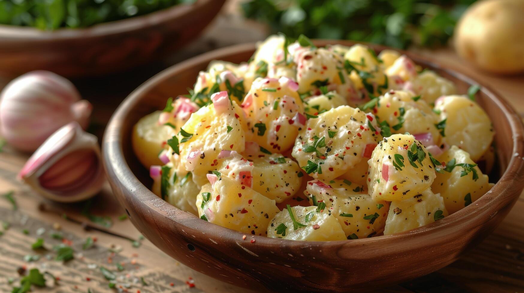 trä- skål fylld med potatis sallad på tabell foto