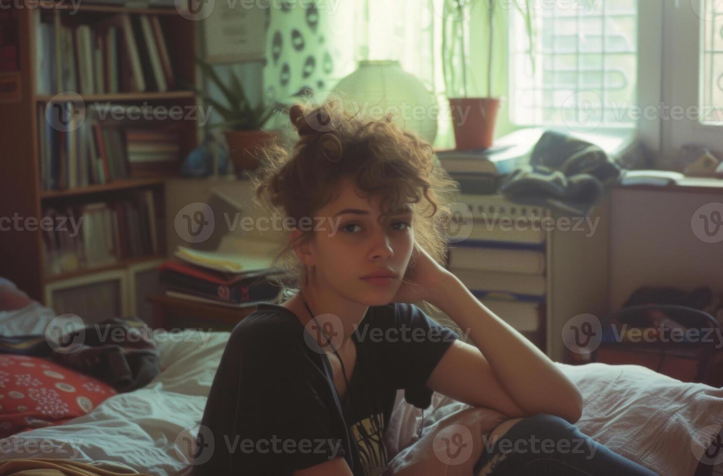 fundersam ung kvinna i en solbelyst rörig sovrum foto