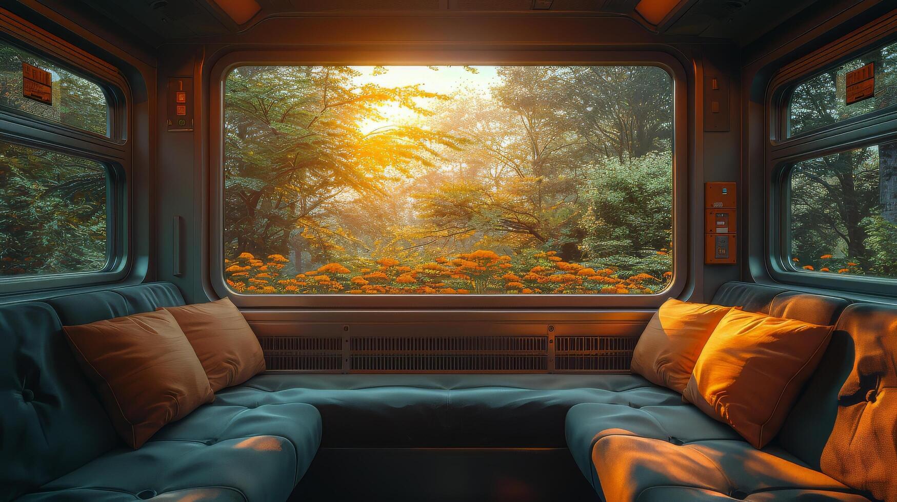 soffa i främre av fönster på en tåg foto