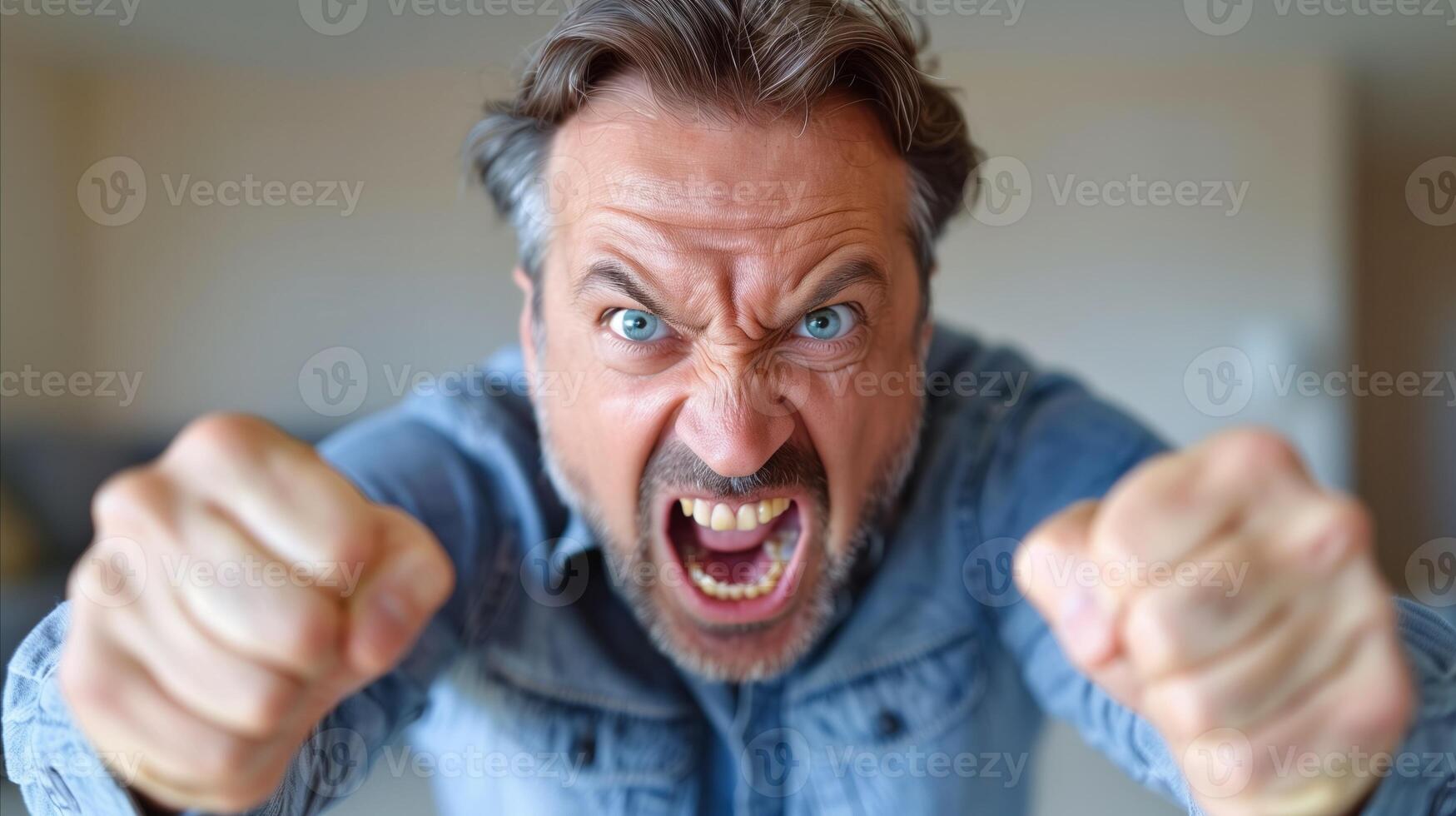arg man knäppning nävar och skrikande i frustration foto