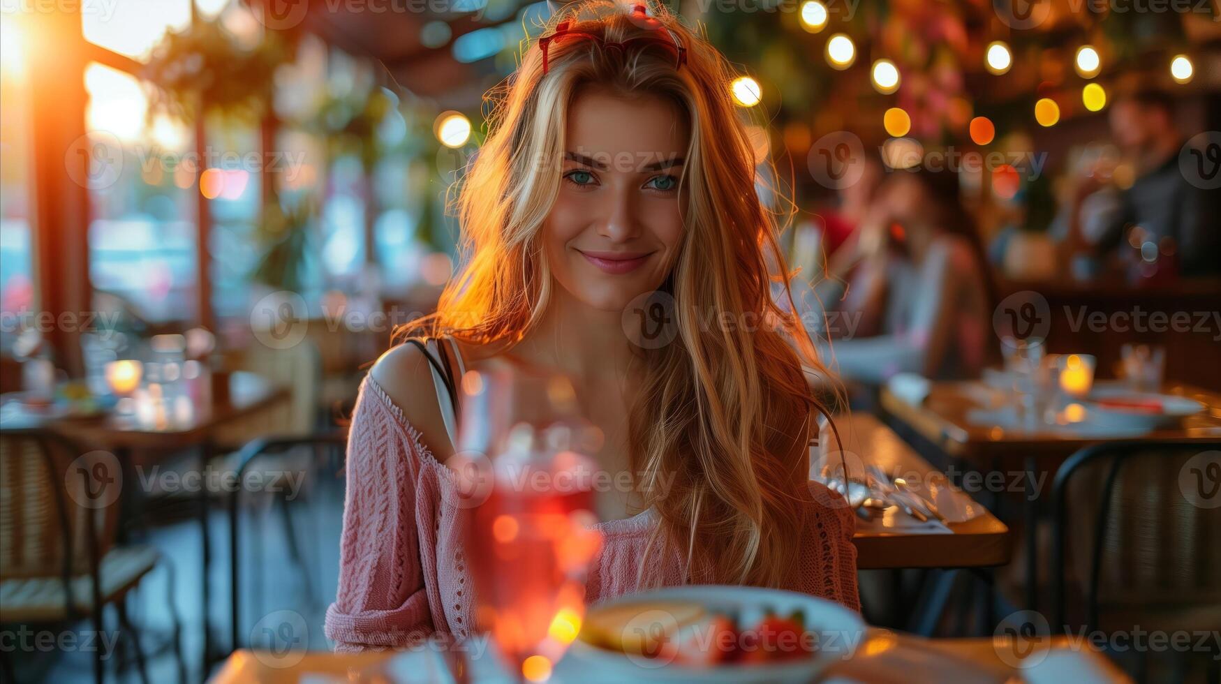 leende kvinna njuter middag på mysigt kväll restaurang foto