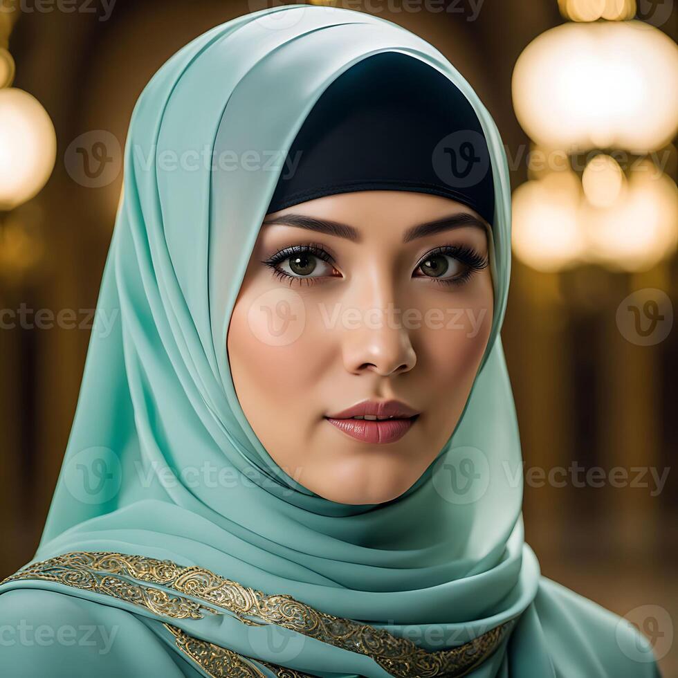 kvinna i traditionell muslim Kläder, leende. skön kvinna huvudskott ser på kamera och bär en hijab. foto