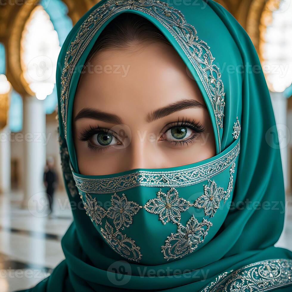 kvinna i traditionell muslim Kläder, leende. skön kvinna huvudskott ser på kamera och bär en hijab. foto