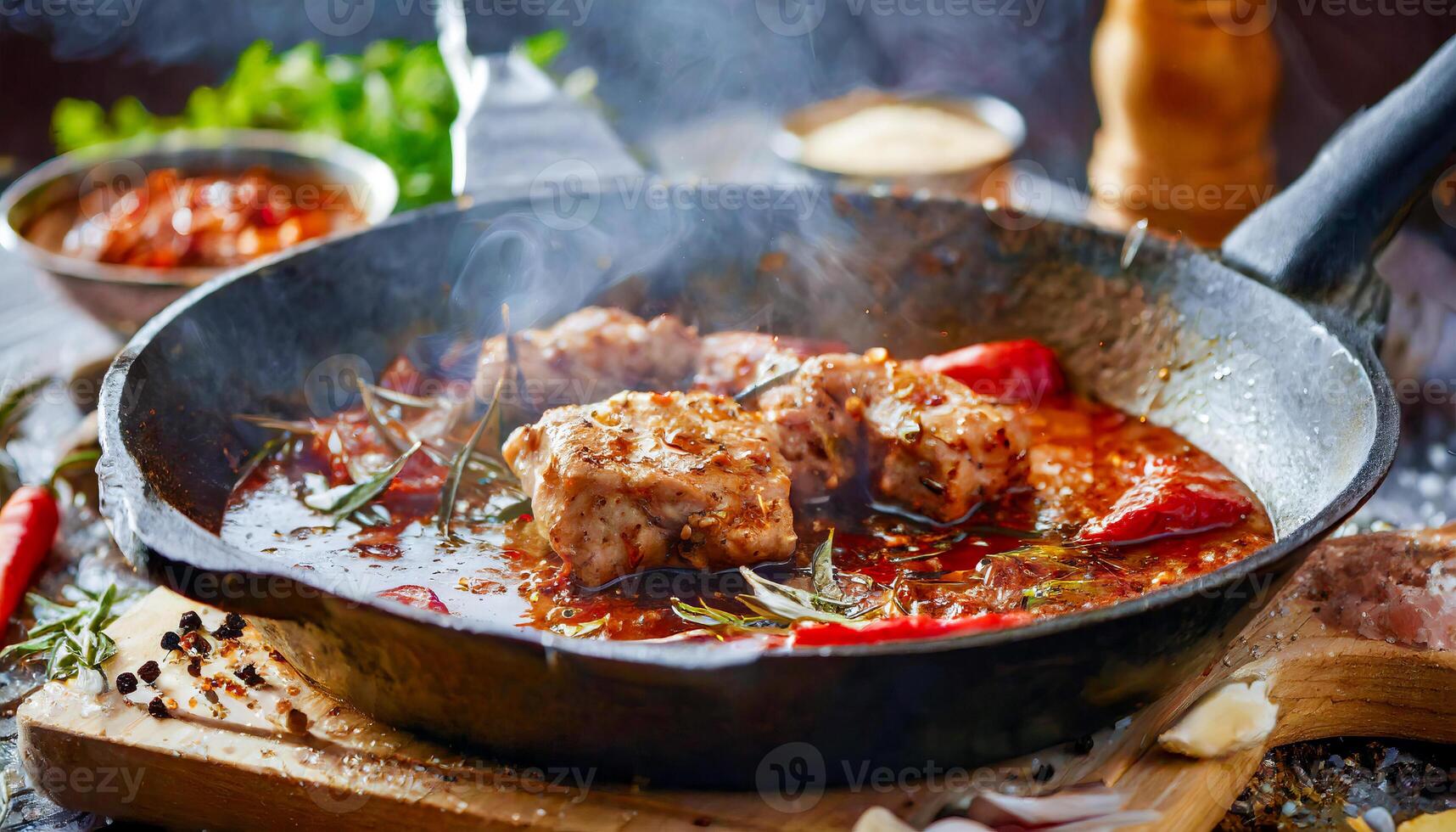 en person är matlagning kyckling i en panorera på en spis foto