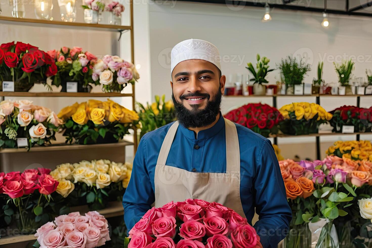 muslim man blomsterhandlare samlar bukett av rosor- färsk skära blommor i lådor och vaser i blomma affär och kuggstänger för försäljning, leverans för de Semester. vår, Mars 8, kvinnors dag, födelsedag. foto