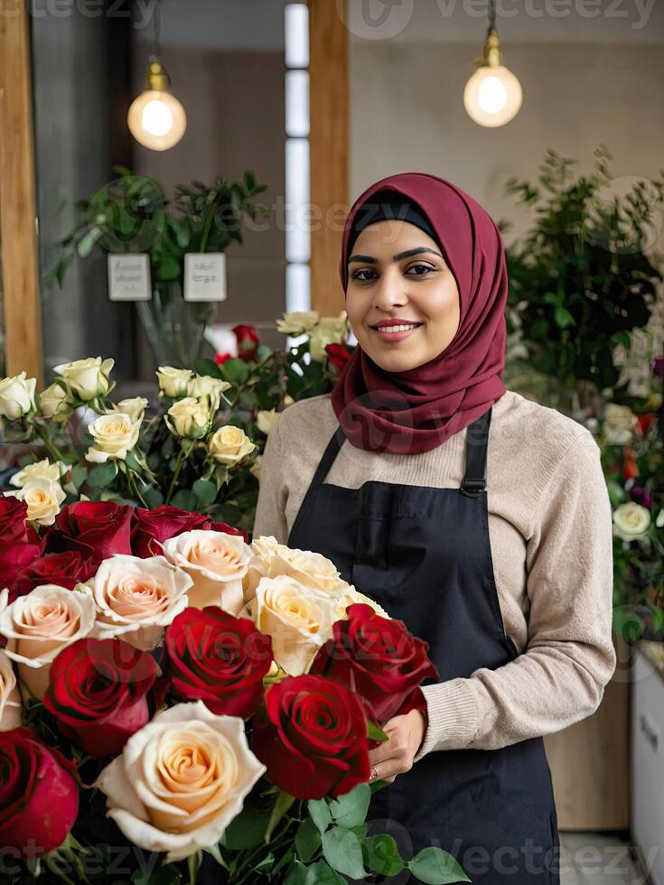 muslim kvinna blomsterhandlare samlar bukett av rosor- färsk skära blommor i vaser i blomma affär och kuggstänger för försäljning, leverans för de Semester. vår, Mars 8, kvinnors dag, födelsedag foto