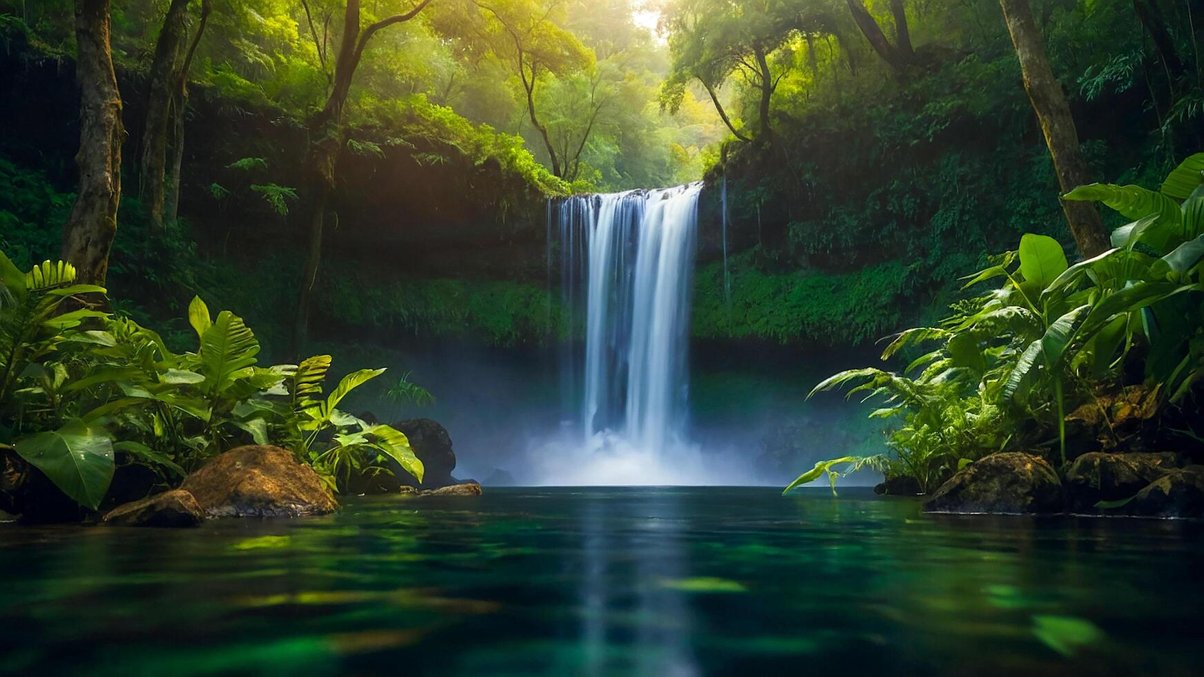 skön vattenfall i de mitten av de skog. naturlig landskap av en vattenfall i de mitten av de skog foto