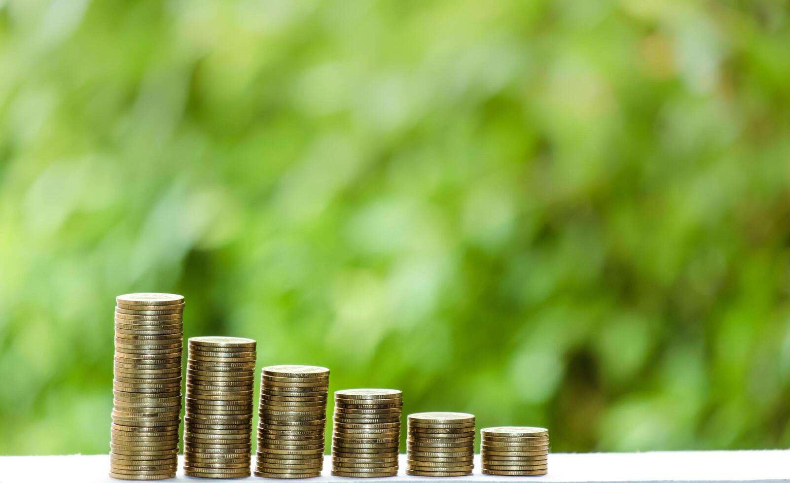 företag finansiera och pengar begrepp, pengar mynt stack växande Graf med grön träd bokeh bakgrund, investering begrepp foto