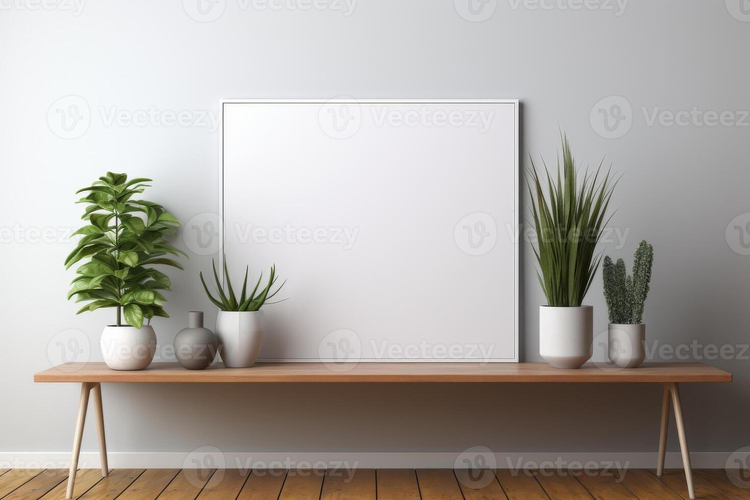 trä- ram med tom vit duk i modern levande rum, minimalistisk, attrapp foto