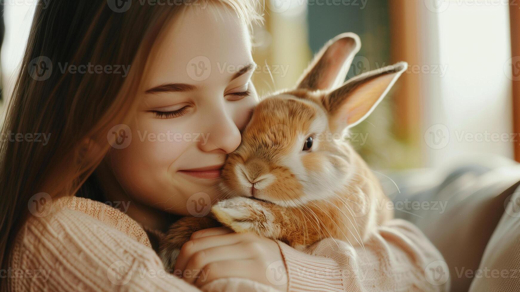 liten flicka med en vit kanin i henne vapen. selektiv fokus. foto