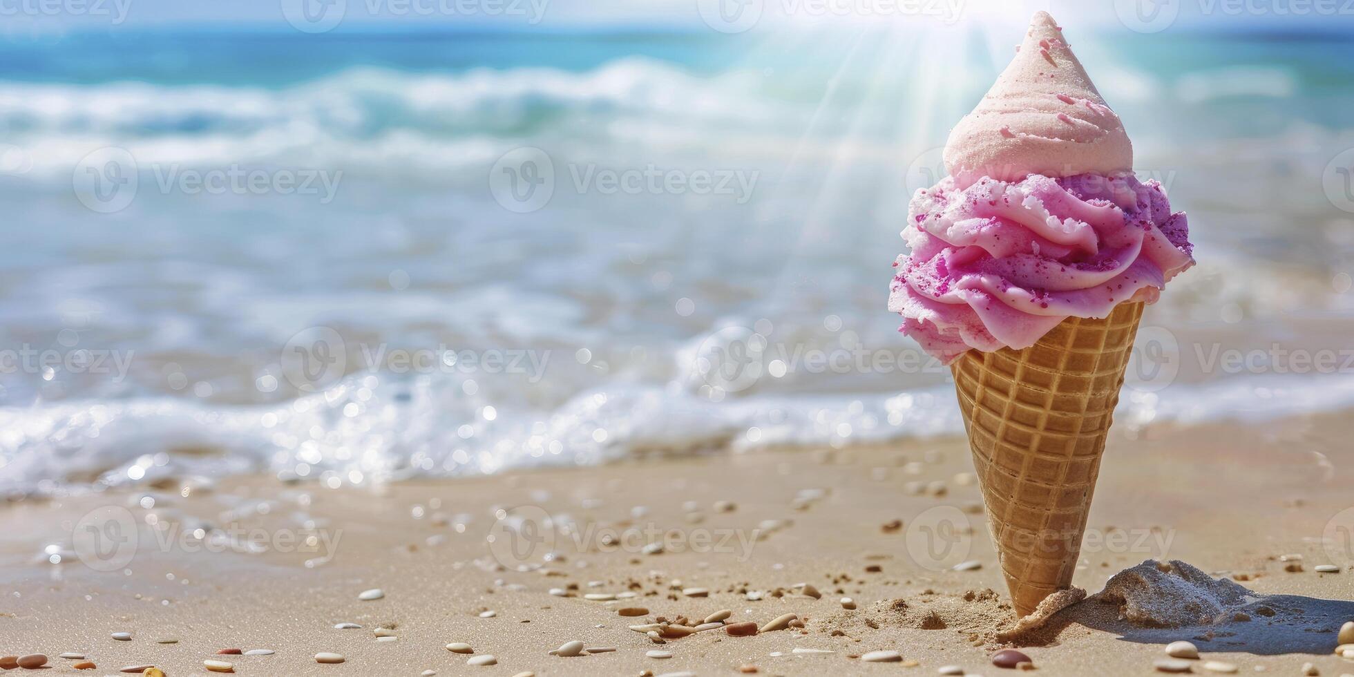 is grädde kon med rosa is grädde på de strand, stänga upp, Plats för text eller produkt i de stil av copy foto