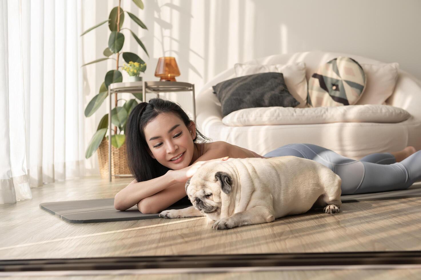 asiatisk kvinna i sportkläder utövar och håller på med yoga med söt hund i levande rum på Hem, friska livsstil, mental hälsa begrepp. foto