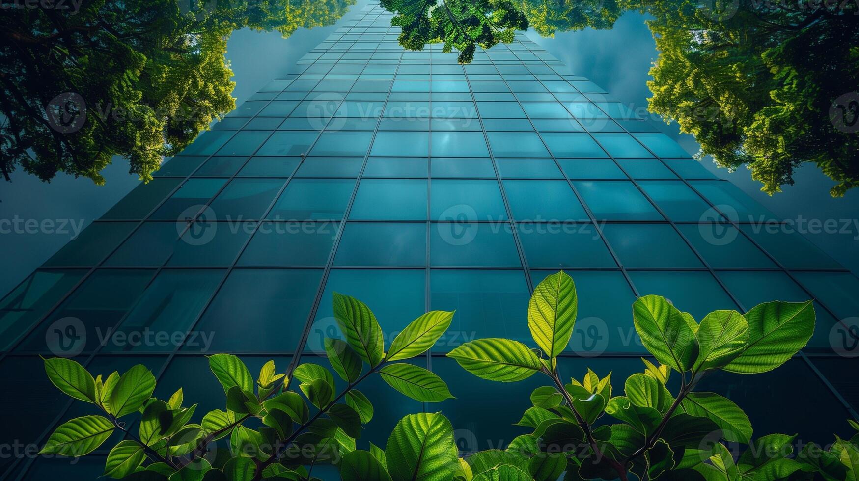 reflexion av grön träd i de fönster av en modern kontor byggnad, miljövänlig begrepp. foto