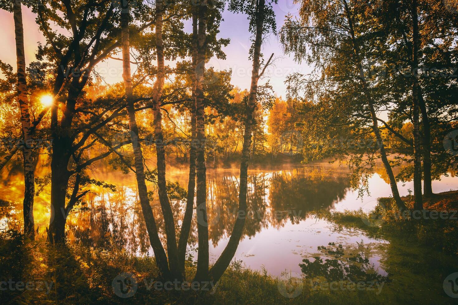 gryning på en sjö eller flod med en himmel reflekterad i de vatten, björk träd på de Strand och de solstrålar brytning genom dem och dimma i höst. estetik av årgång filma. foto