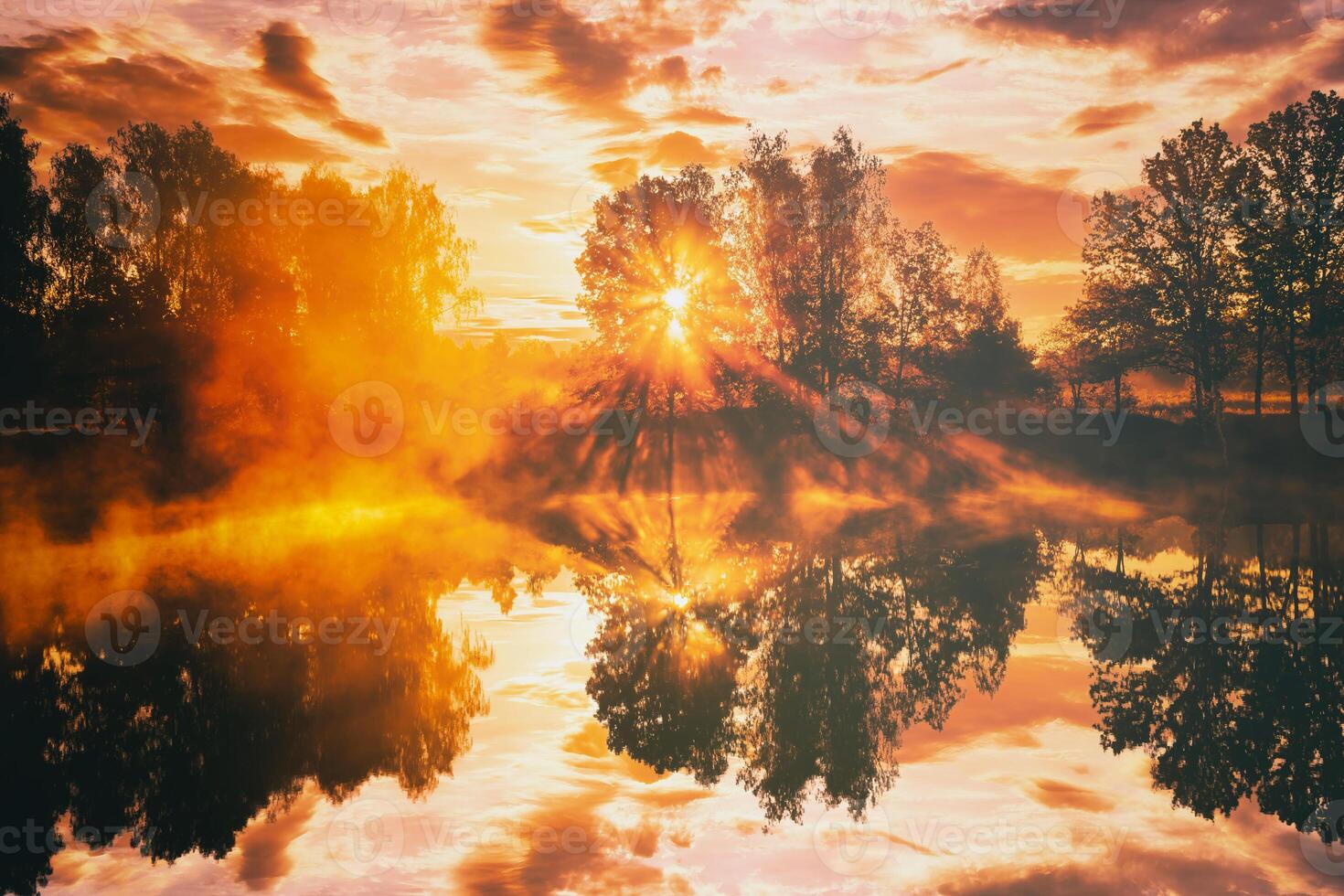 gryning på en sjö eller flod med en himmel reflekterad i de vatten, björk träd på de Strand och de solstrålar brytning genom dem och dimma i höst. estetik av årgång filma. foto