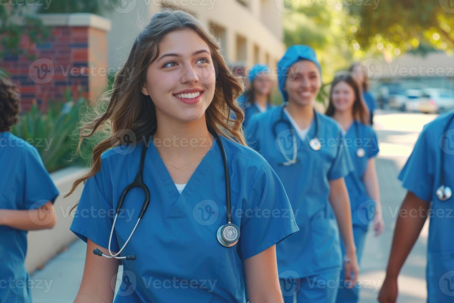 olika team av medicinsk studenter i scrubs på campus. foto