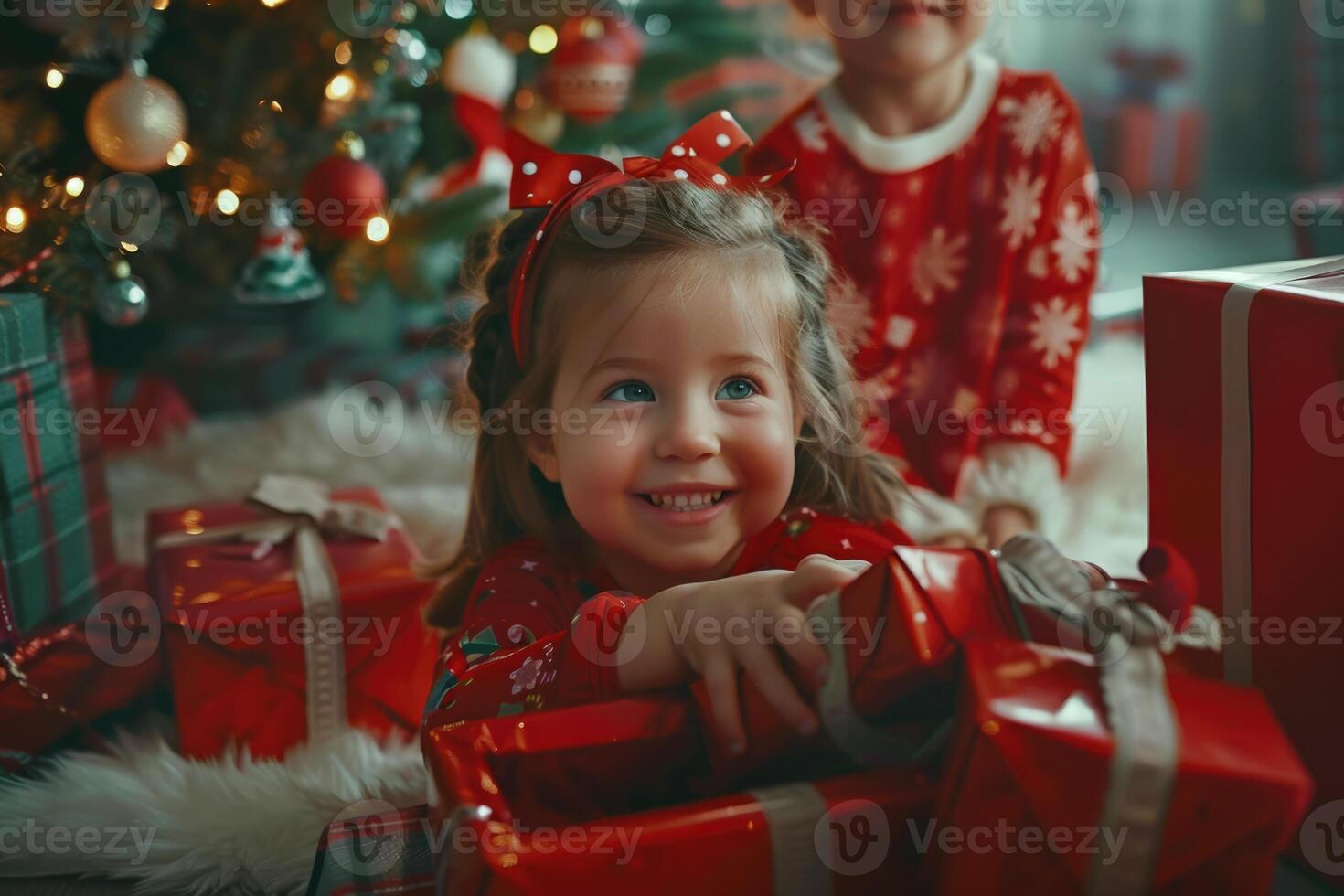 barn öppning gåvor på jul morgon- med familj. foto