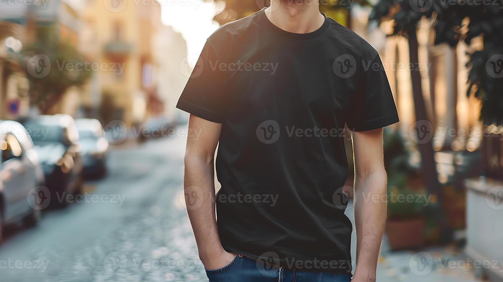 ung modell skjorta mockup, pojke bär svart t-shirt på gata i dagsljus, skjorta attrapp foto