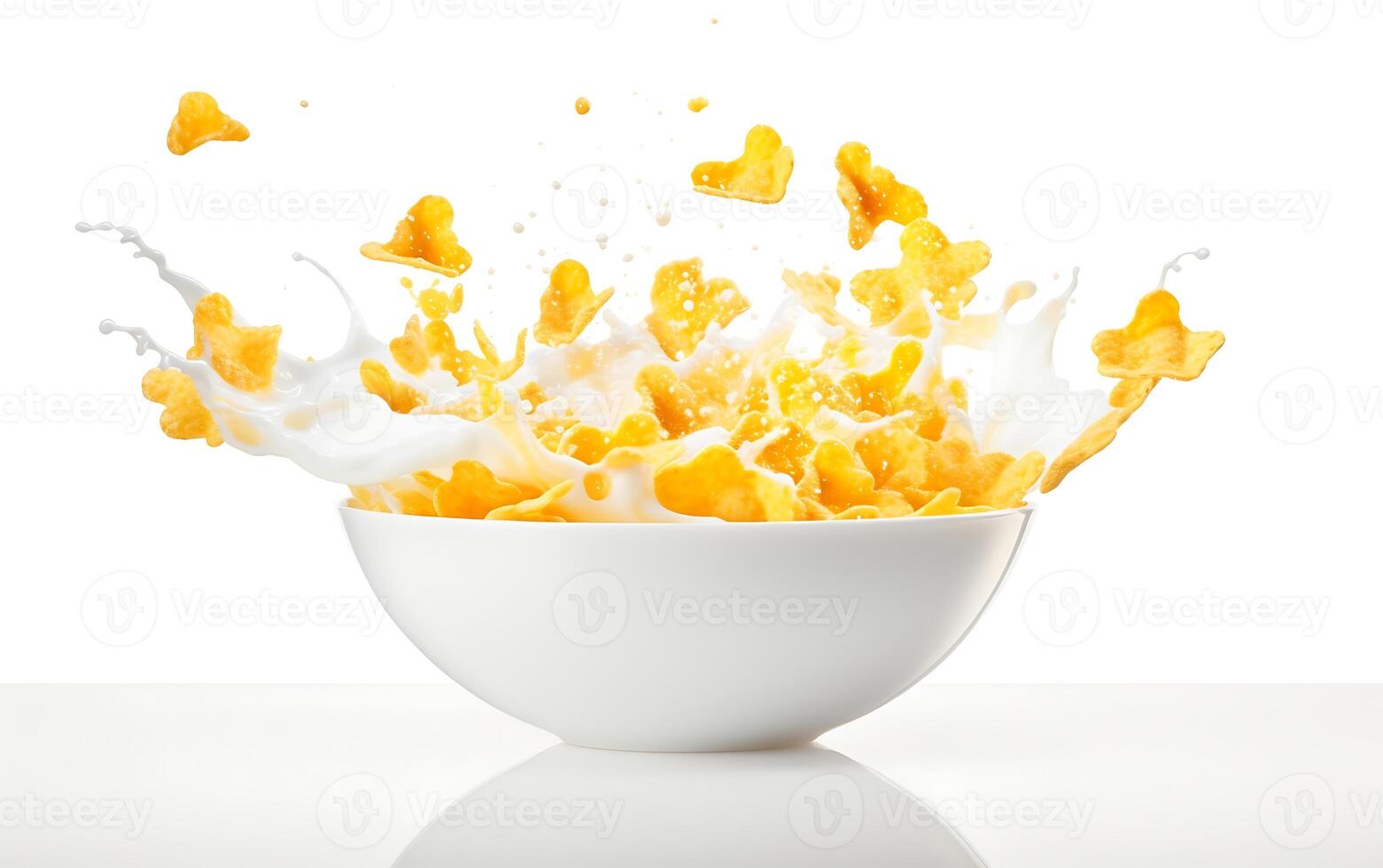 majs flingor faller in i en skål med mjölk stänk isolerat på vit bakgrund foto