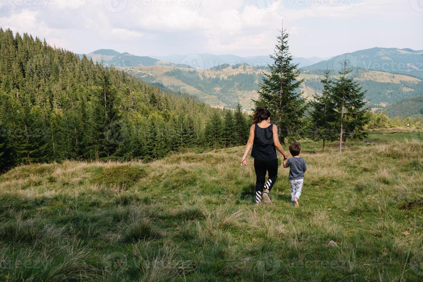 ung mamma med bebis pojke reser. mor på vandring äventyr med barn, familj resa i berg. nationell parkera. vandra med barn. aktiva sommar högtider. fisköga lins. foto