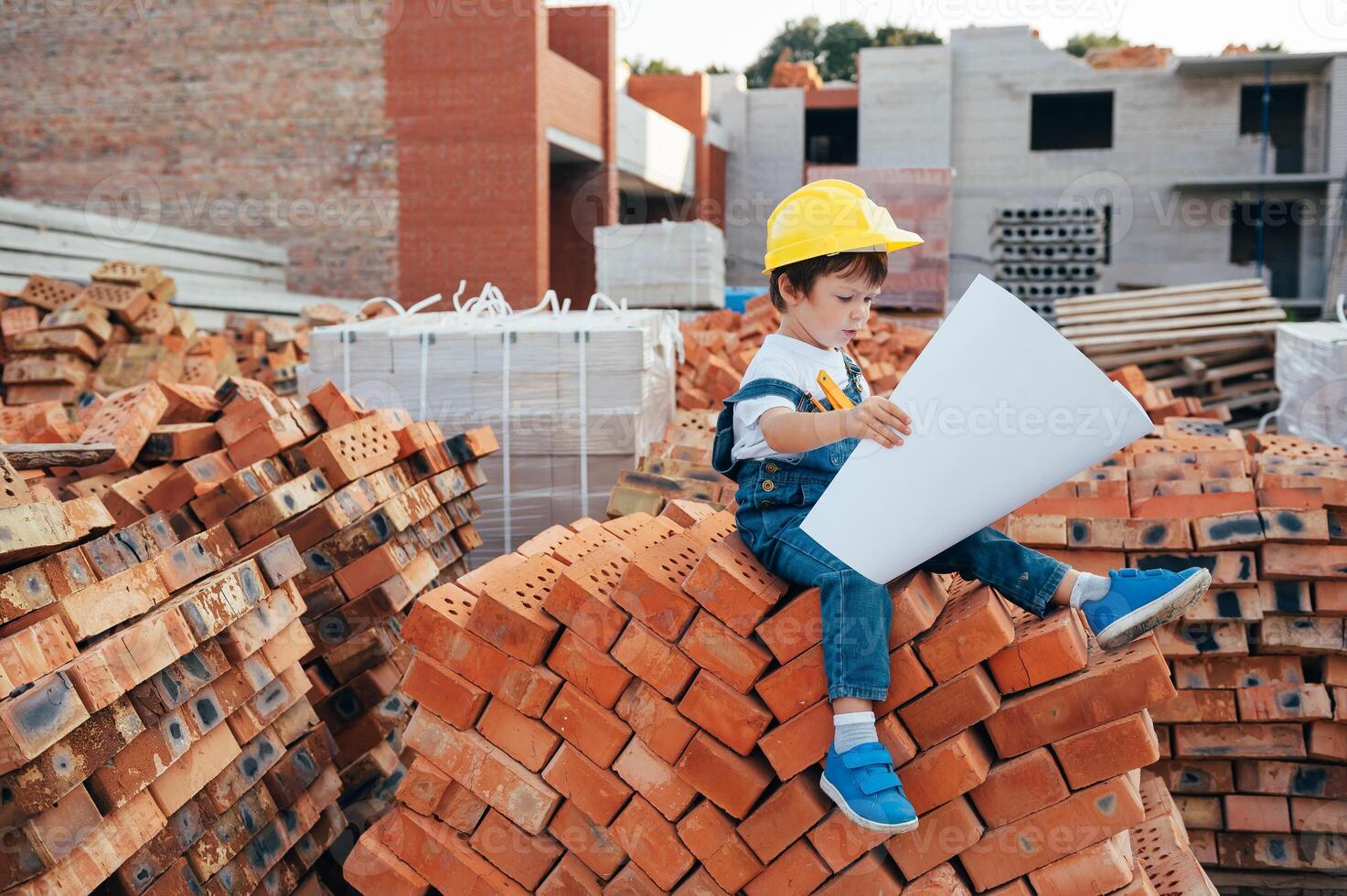 arkitekt i hjälm skrivning något nära ny byggnad. liten söt pojke på de byggnad som ett arkitekt. foto