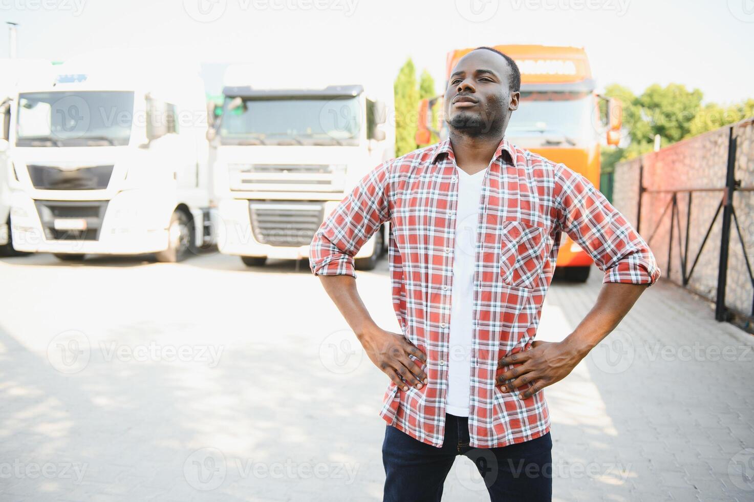 porträtt afrikansk manlig Lycklig leende självsäker positiv nära lastbil. ung man pläd skjorta ägare lastbil förare i företag lång transport tummen upp nöjd service kommersiell körning licens Träning foto