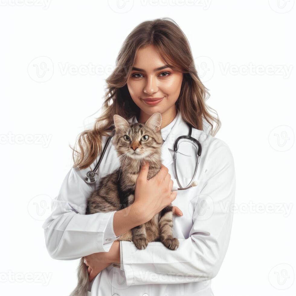 kvinna veterinär innehav en katt isolerat på vit bakgrund. sällskapsdjur läkare foto