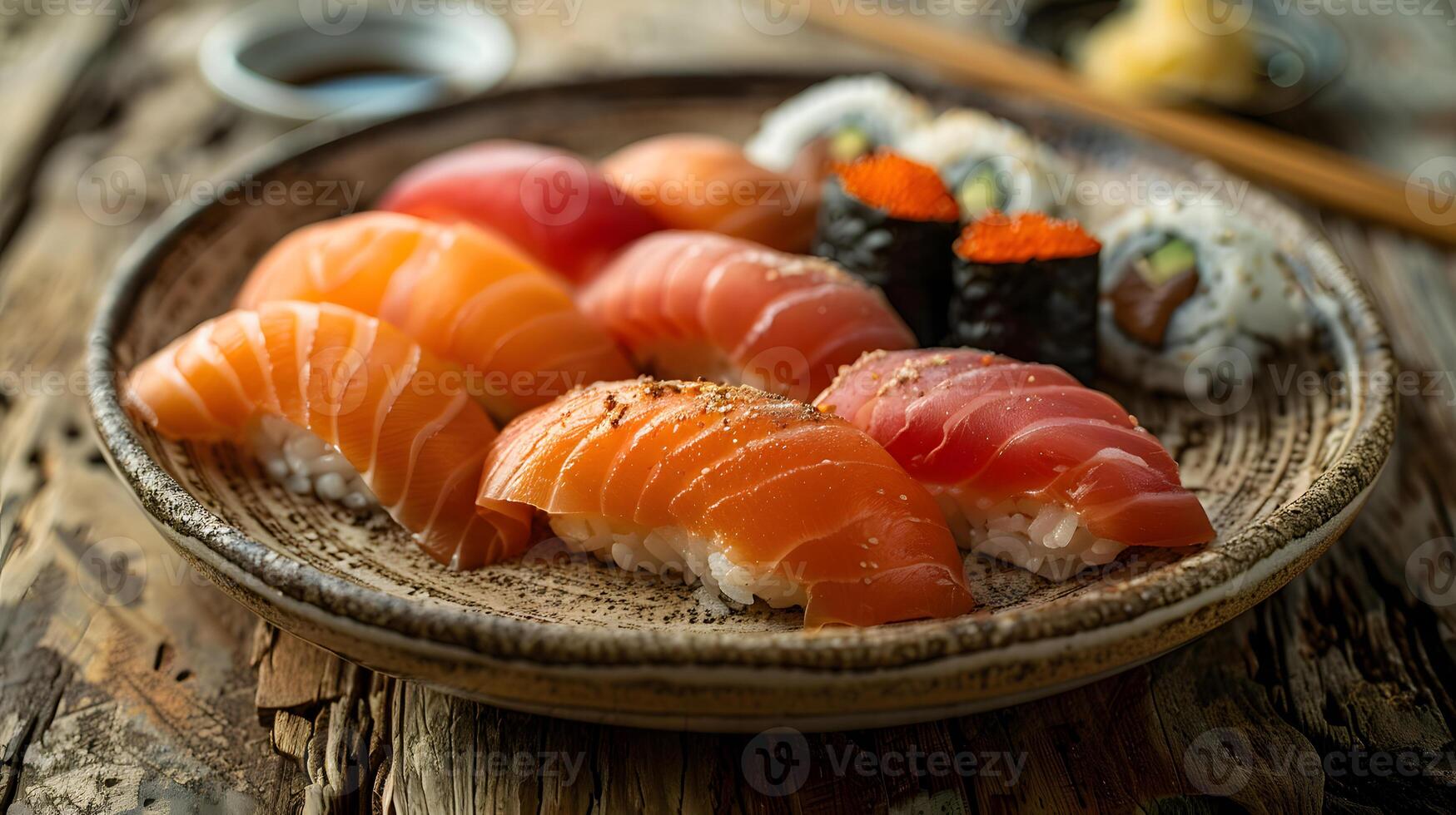 mängd av sushi på handgjord tallrik foto