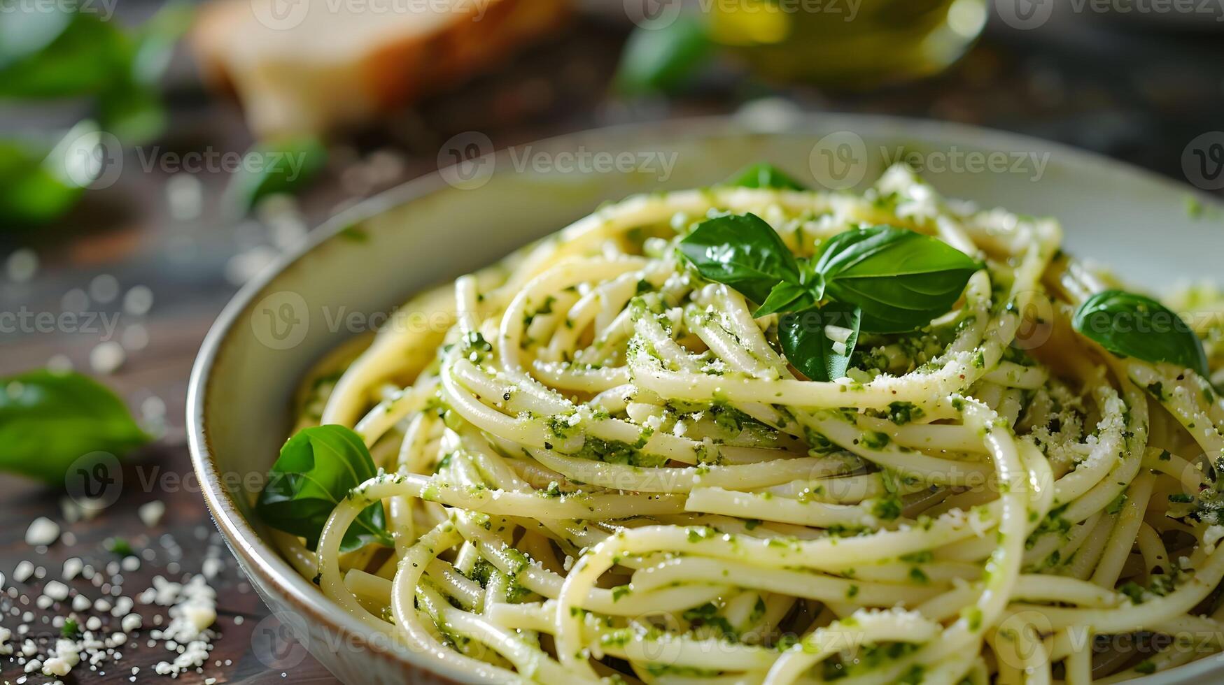 pesto spaghetti garnerad med färsk basilika foto