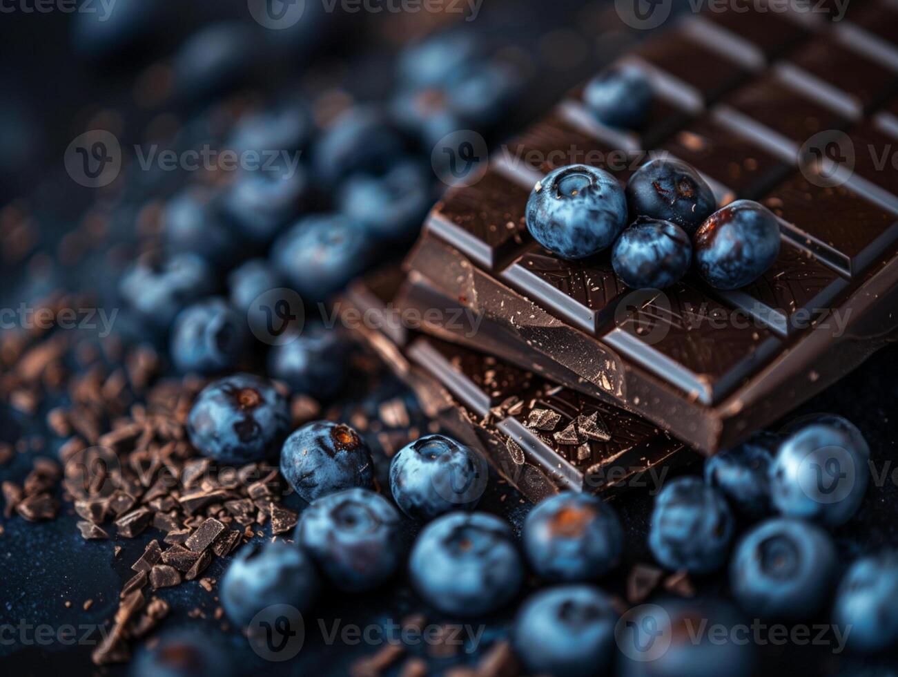 blåbär och choklad. estetisk makro Foto. bär och choklad spån. närbild foto