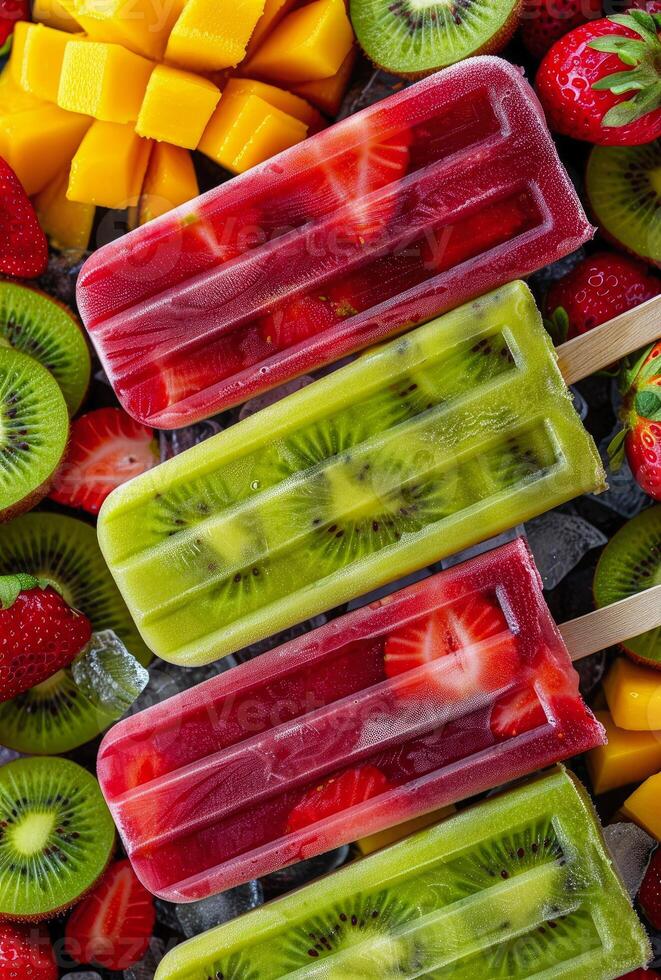 en färgrik array av frukt popsicles anordnad på is hink foto