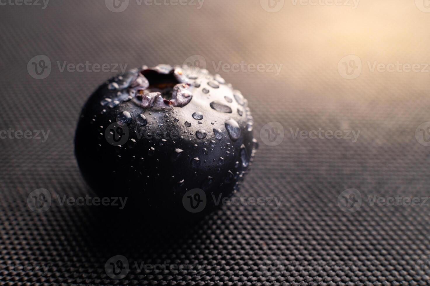 ett blåbär täckt med vatten droppar på svart bakgrund. mycket detaljerad makro skjuta med kopia Plats foto