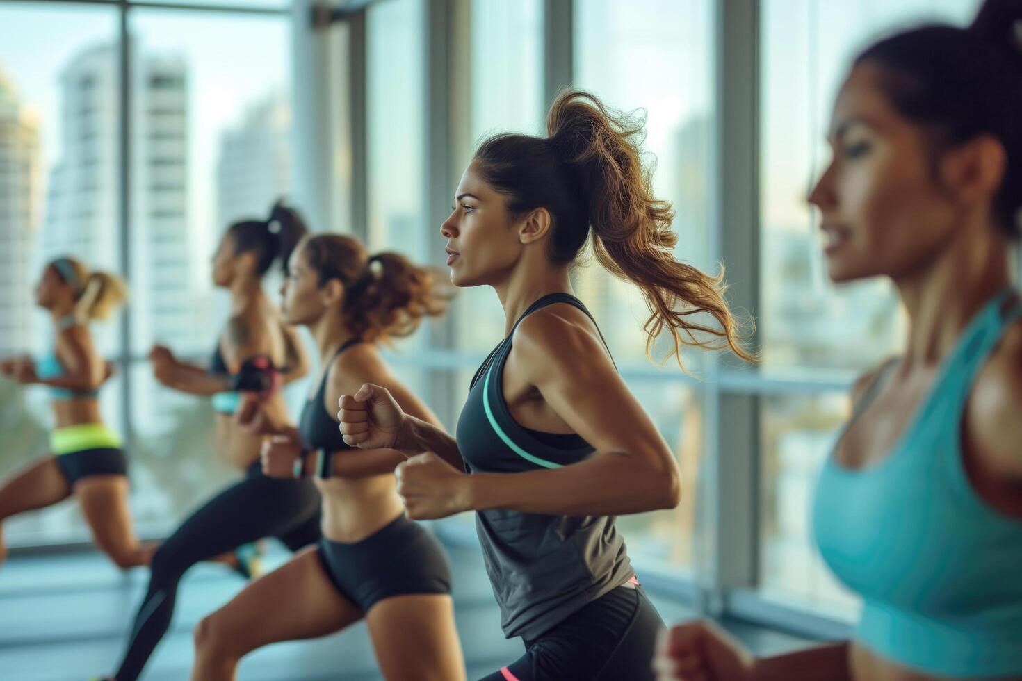 grupp av latin amerikan kvinnor i kondition Kläder håller på med övning i de Gym foto