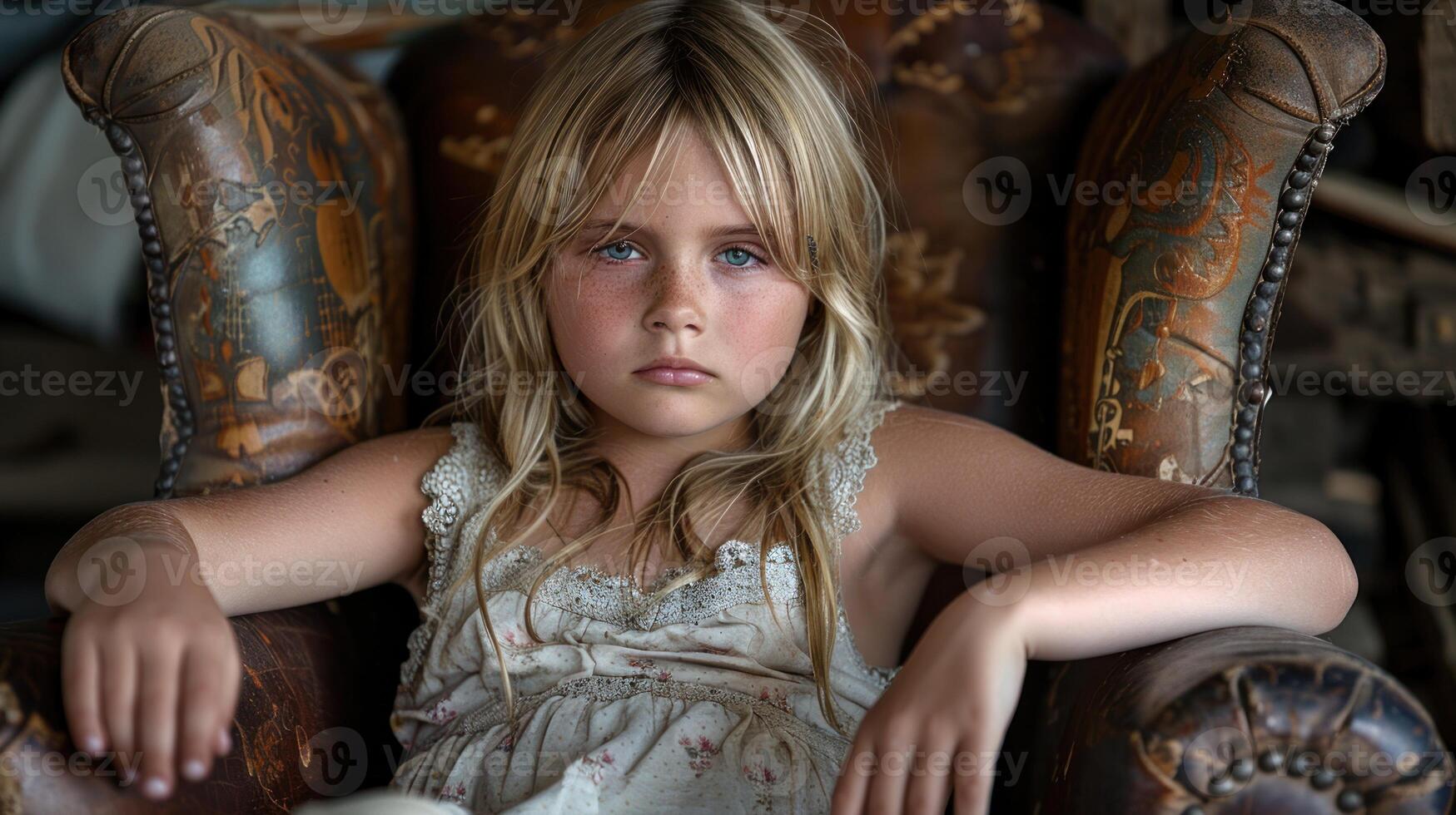 en ung flicka Sammanträde i en överdimensionerad stol foto