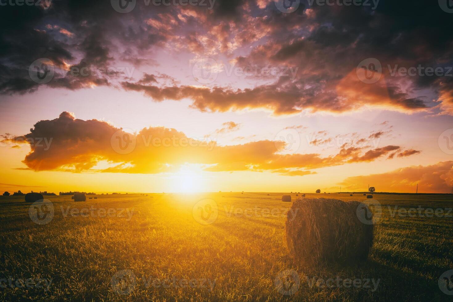 solnedgång i en fält med höstackar på en sommar eller tidigt höst kväll med en molnig himmel i de bakgrund. anskaffning av djur- utfodra i lantbruk. årgång filma estetisk. foto