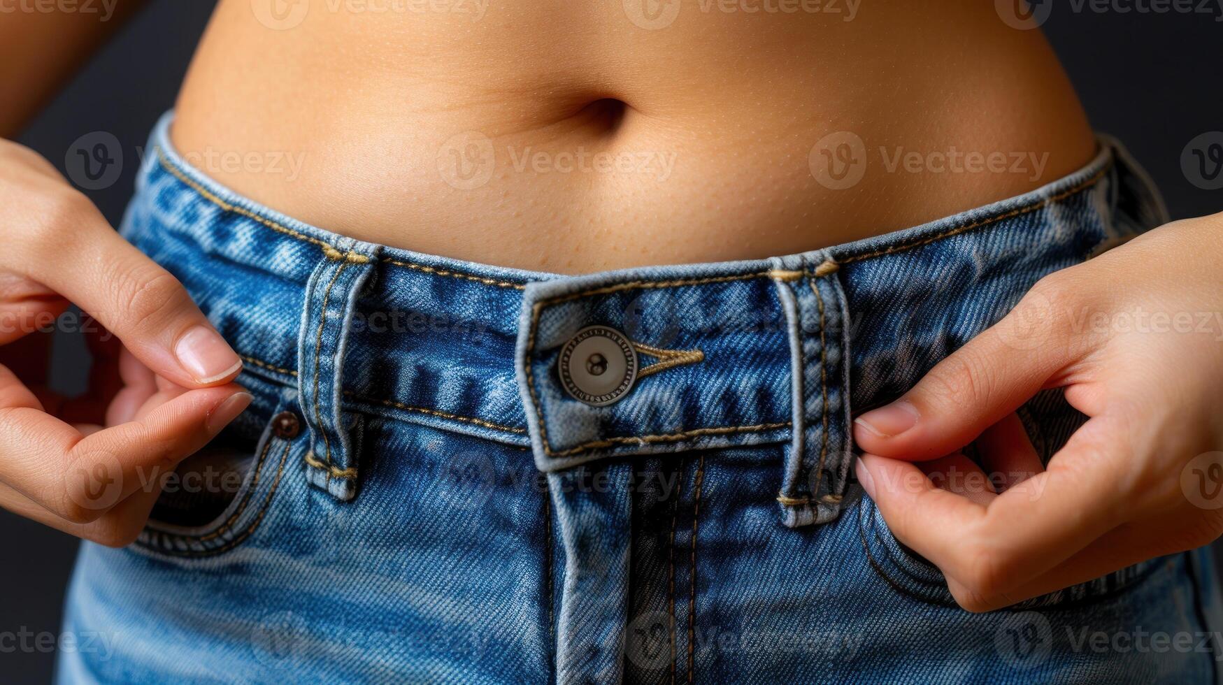 närbild av en kvinnors mage med en knapp synlig i de ficka av henne byxor foto