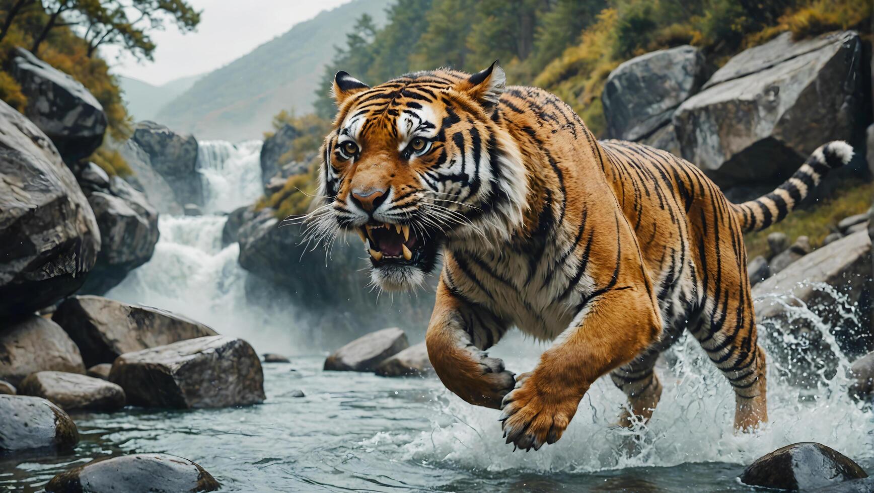 våldsam tiger hoppa i verkan ut av flod ström. djurliv fri Foto