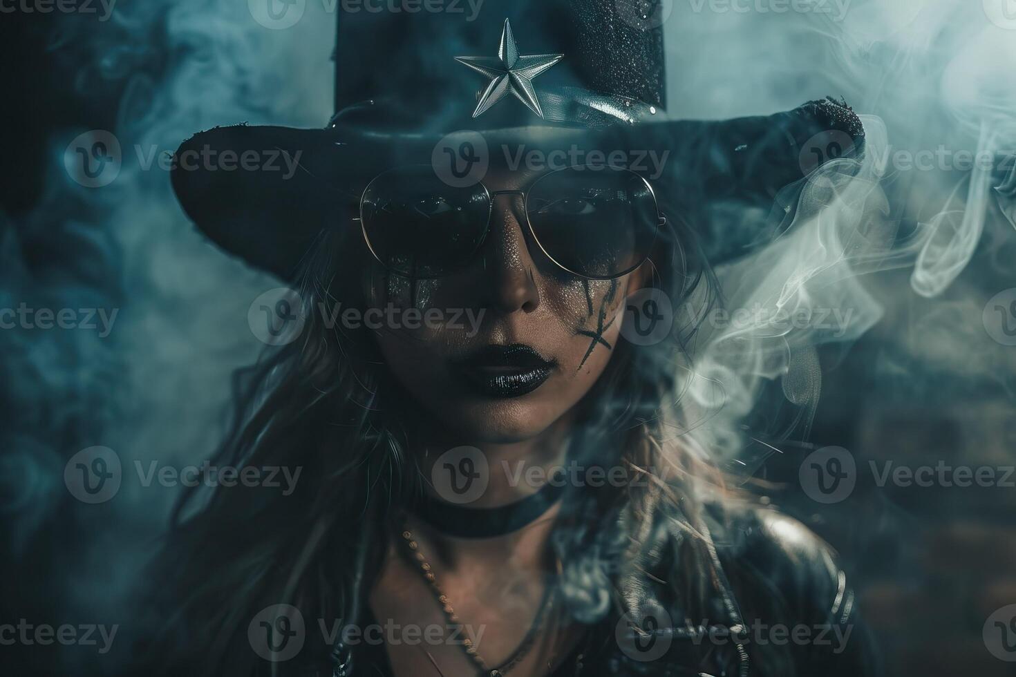 kvinna cosplay halloween legend med ärr och linser i mörk miljö. foto